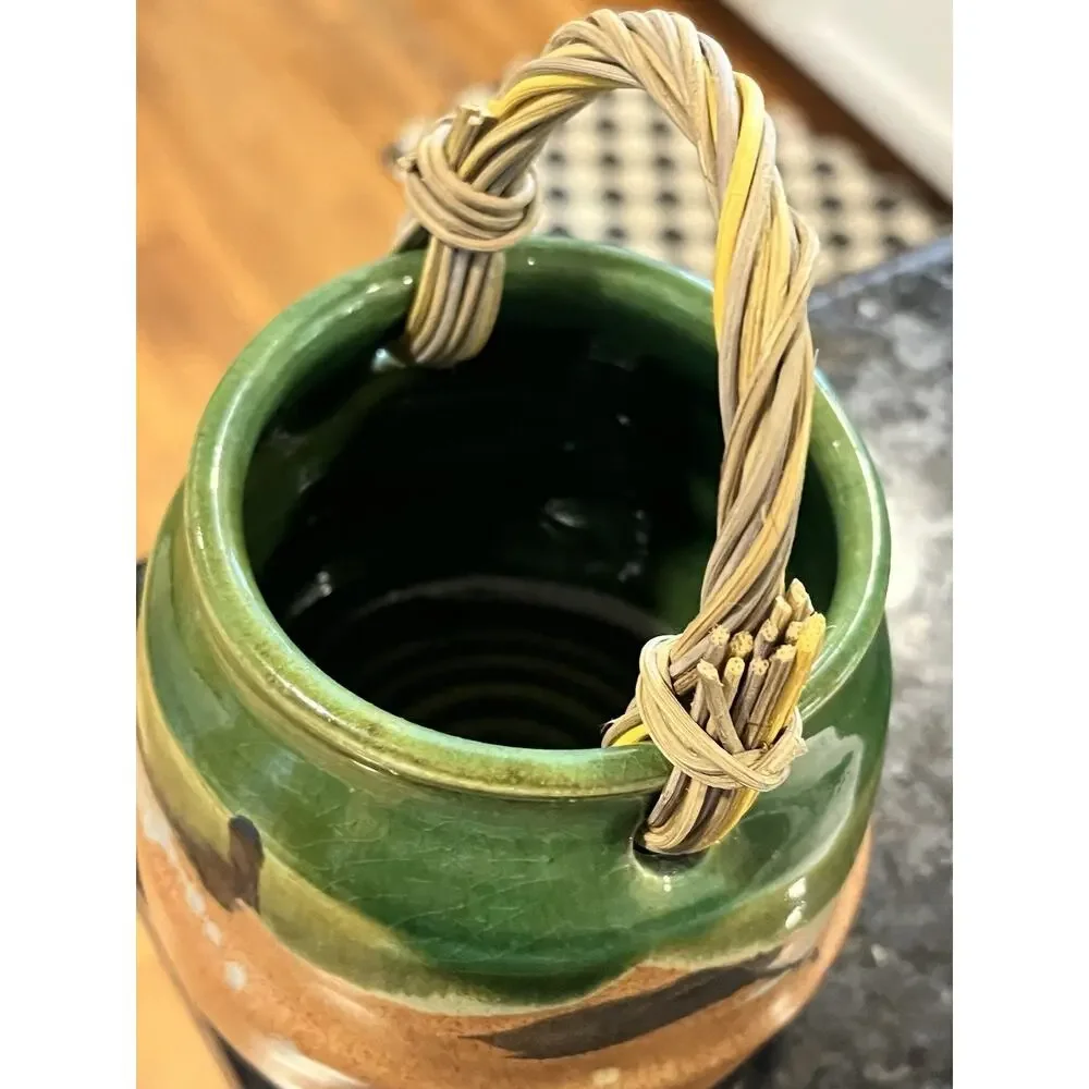 Studio Art Pottery Bowl With Bamboo Handle Smoky Mountains Gatlinburg TN